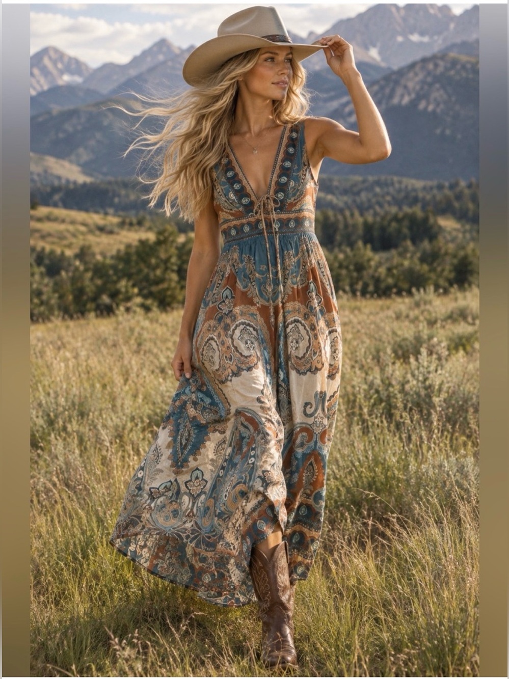 Caroline Constas brown blue paisley v neck Mahon maxi dress NWT size Large